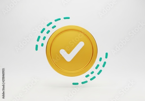 3D Rendering of a Gold Coin with a White Checkmark Symbol Representing Success, Approval, and Financial Security