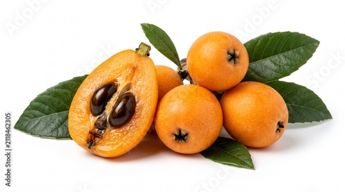 Fresh loquat fruits with green leaves isolated on white background