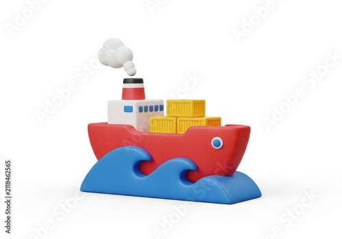 3D Render of a Stylized Cargo Ship Carrying Containers on Blue Waves for Global Logistics and Shipping Concepts