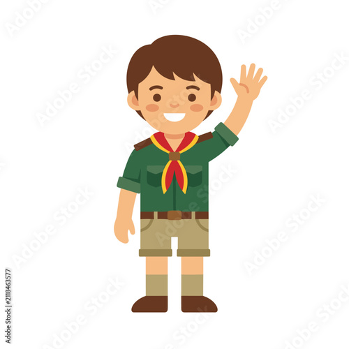 Smiling boy scout in green uniform waving hello