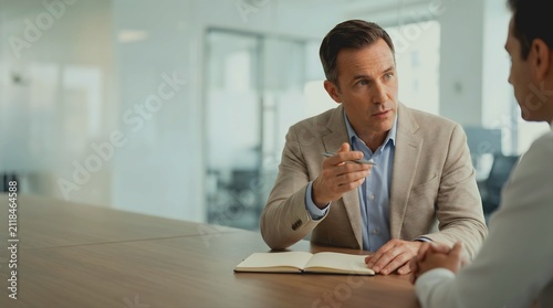 Two businessmen in deep conversation at a conference table, one gesturing thoughtfully while the other listens intently, in a minimalist office with natural light, conveying a