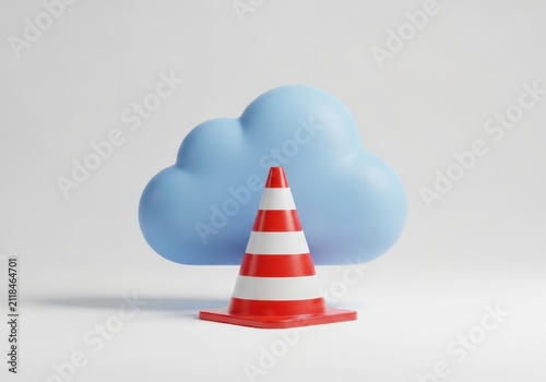 3D Illustration of a Blue Cloud and a Traffic Cone Representing Cloud Computing Maintenance and Website Under Construction