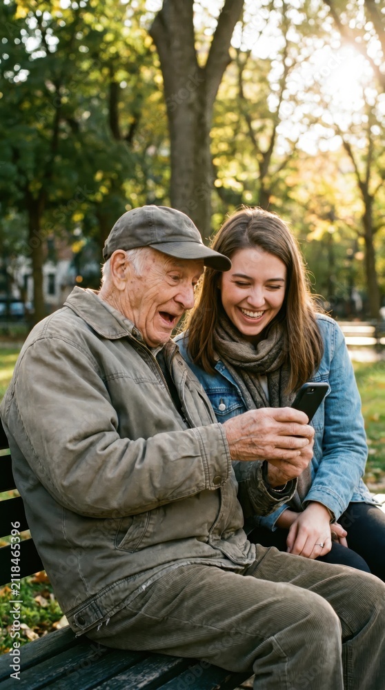 Fototapeta premium Grandfather Granddaughter Phone Park Bench Laughing