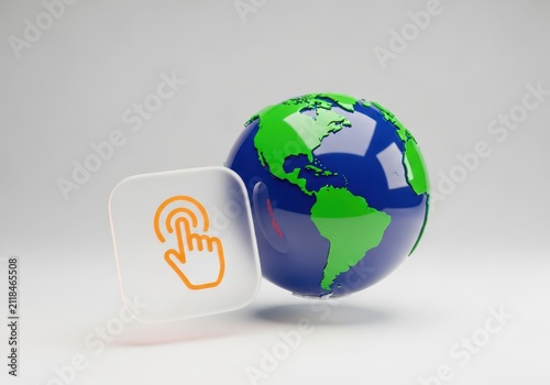 Global Internet Access Concept with 3D Earth Globe and Hand Cursor Click Icon on White Background