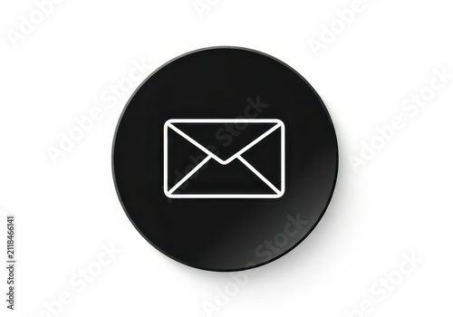 Minimalist White Email Envelope Icon on Round Black Button Isolated on White Background for Digital Communication Design