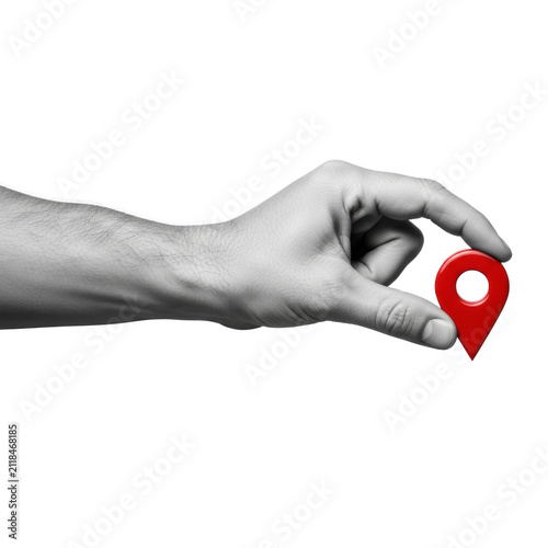 mid-aged male hand, monochrome, gripping a glossy red 3d location pin on a transparent background with a gray dashed line path. visual metaphor for navigation and strategic planning