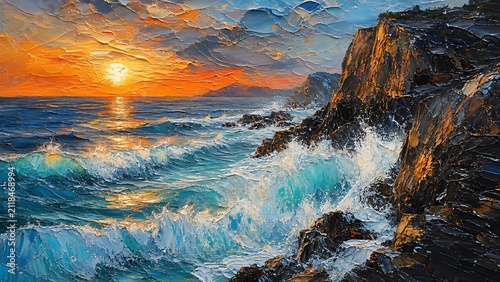 A dramatic impasto oil painting of powerful ocean waves crashing against rugged coastal rocks at sunset.
Vibrant coastal landscape capturing the fiery golden hour glow over a stormy sea.