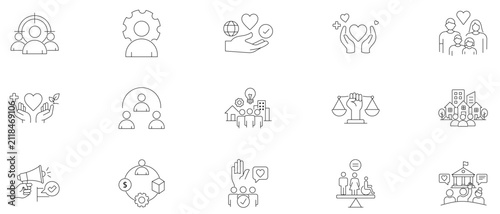 Corporate social responsibility line icon set. Symbol of human rights, community care, equality, charity, sustainability, ESG, diversity, inclusion and civil support.