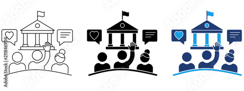 Government building and citizen engagement icon set. Symbol of town hall meeting, public participation, civil rights, democracy, community feedback, voting and governance.