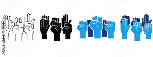 Raised hands and raised fists icon set. Symbol of protest, unity, revolution, voting, human rights, solidarity, crowd, freedom, empowerment, diversity and activism.