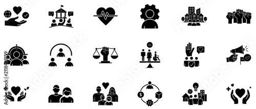 Corporate social responsibility solid icon set. Symbol of human rights, community care, equality, charity, sustainability, ESG, diversity, inclusion and civil support.