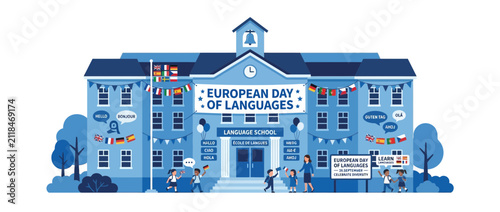 Language School Celebration with International Flags and Students