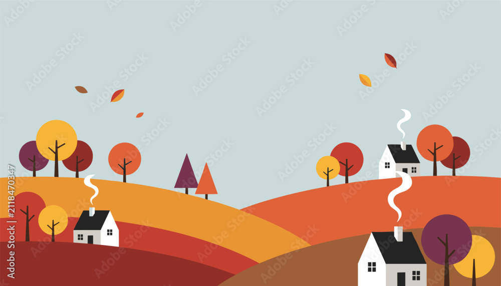 Fototapeta premium Beautiful autumn landscape illustration featuring cozy houses, smoking chimneys, and colorful rolling hills.