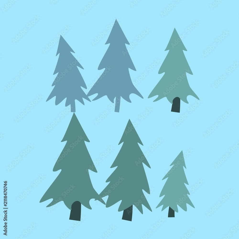 Obraz premium Vector illustration set of three dark blue pine tree silhouettes in varying heights, flat minimal winter forest design