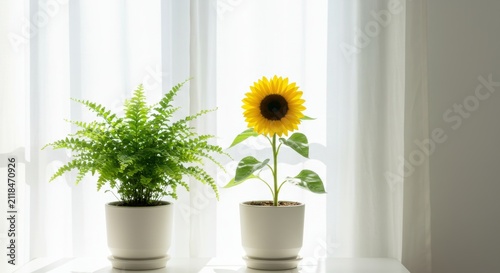 Bright Sunflower and Decorative Fern Plants Growing Beautifully in Stylish Indoor Flower Pots