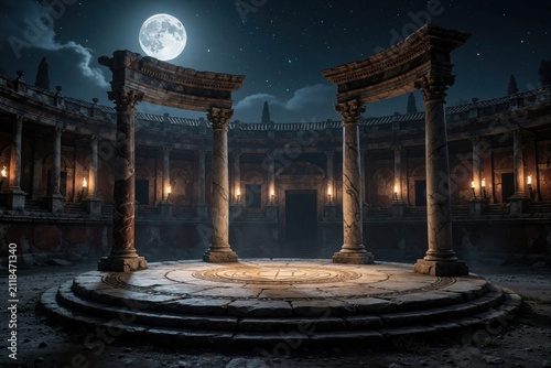 Ancient stone arena at night under full moon and starry sky. Ornate columns surround central platform lit by torches. Grand structure evokes Roman empire history and gladiatorial contests.