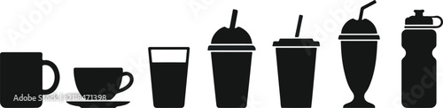 Set of black silhouettes representing various types of beverage containers including coffee cups and water bottles