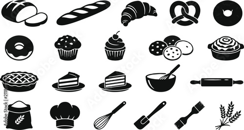 Bild auf Leinwand Set of black and white bakery icons featuring bread cakes pastries and professio
