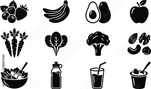 Bild auf Leinwand Set of hand drawn food icons featuring fresh fruits vegetables healthy drinks an