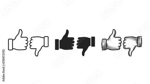 фотографія Thumbs up and thumbs down gestures, depicted in outline, solid fill, and sketchy