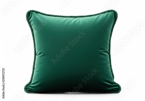 Elegant Dark Green Velvet Throw Pillow with Decorative Cord Trim Isolated on White Background for Home Decor
