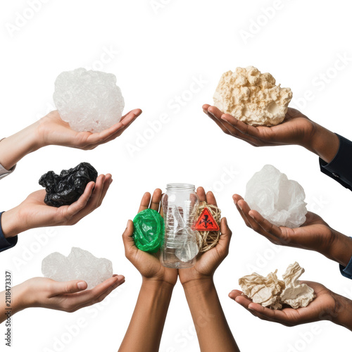 diverse hands holding various separated waste items (metal, glass, organic) on a sterile white cyclorama background with high-key lighting. concept of responsible waste management