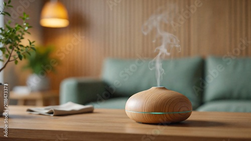 Aromatic essential oil diffuser with relaxing steam in modern living room interior