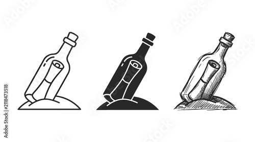 Konstfotografi Three message in a bottle icons, partially buried on shore, in outline, solid, a
