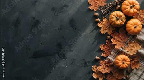 Flat Lay Pumpkins and Fall Leaves on Dark Table