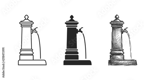 Фотография Three illustrated classic drinking fountains with flowing water, in outline, sol