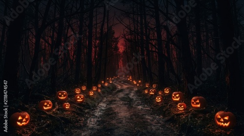 Spooky Halloween Trail Lit by Jack O Lanterns