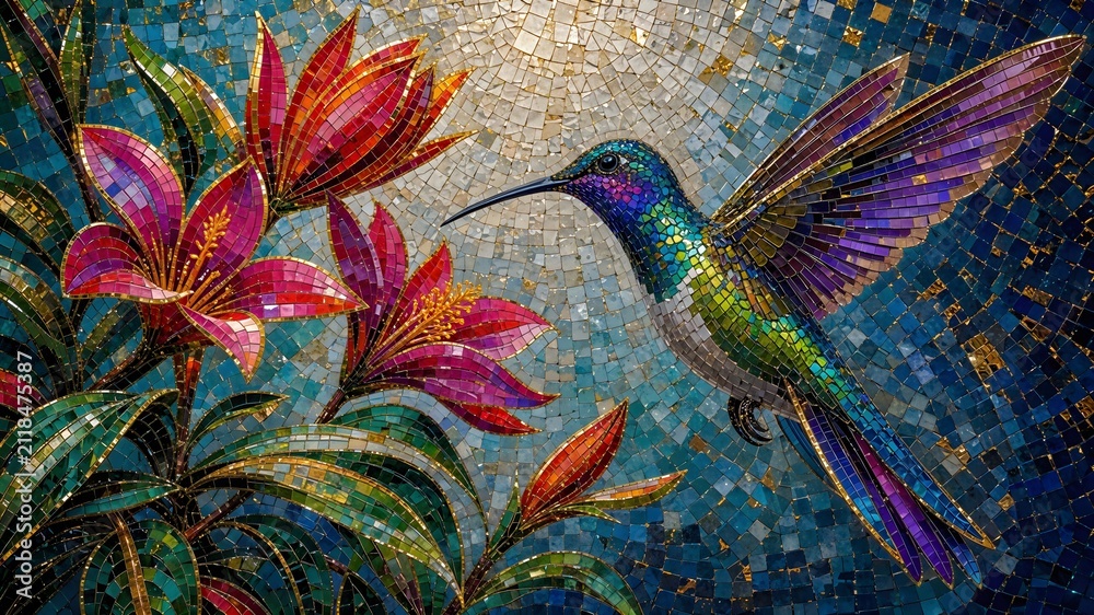 Fototapeta premium An exquisite mosaic artwork depicting a vibrant hummingbird hovering near delicate colorful flowers. Shining stained glass style composition capturing nature's delicate beauty in intricate detail