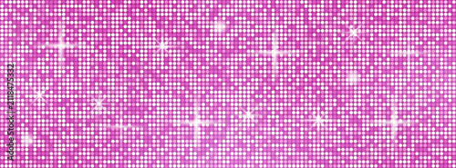 Pink sequin mosaic texture background. Mirror disco ball seamless bg. Tile pattern with sparkle lights.