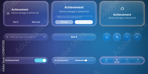 Modern Glassmorphism UI Elements Kit, a sleek collection of user interface components for app design. Frosted glass buttons, sliders, and notification pop-ups