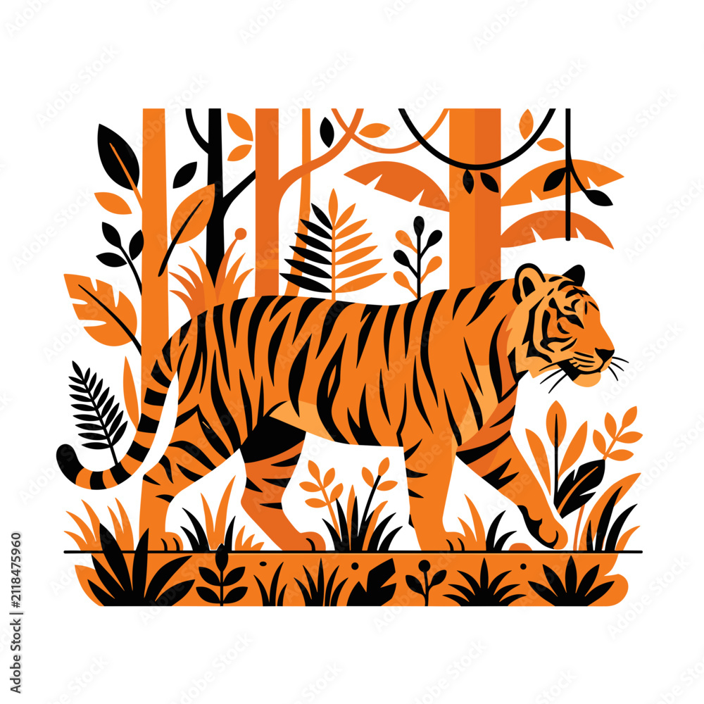 Obraz premium A stylized vector illustration featuring a majestic orange tiger walking through a dense jungle landscape with bold graphic artistic shapes