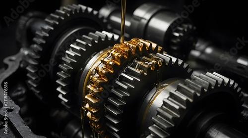 Golden Engine Oil Pouring onto Steel Transmission Gears for Lubrication