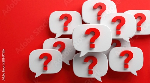 Obraz na płótnie Multiple white speech bubbles with red question marks on a red background. Represents inquiry confusion doubt problem solving help and communication needs.