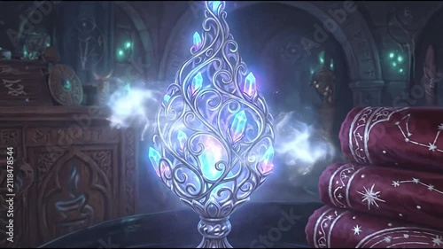 Ornate glowing lamp and rolled Persian rugs in dark room.