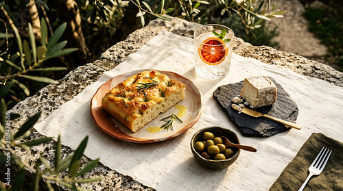 Bild auf Leinwand A rustic mediterranean outdoor picnic featuring focaccia bread, cheese, olives,