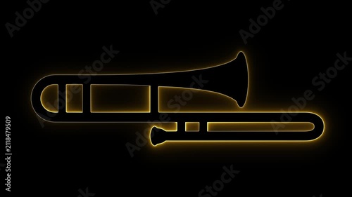 Glowing yellow neon outline of a trombone silhouette on a dark background. perfect for jazz band visuals, orchestra intros, concert overlays, music logos, and brass performance video backgrounds.