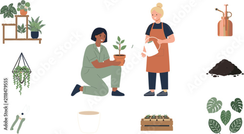 Obraz na płótnie Indoor Gardening Collection with Plant Care Houseplants Watering Soil Pruning To