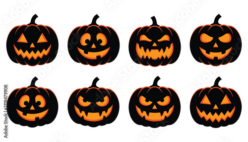Set of halloween pumpkins with different scary faces, vector illustration of jackolanterns with glowing eyes and mouths for holiday decoration