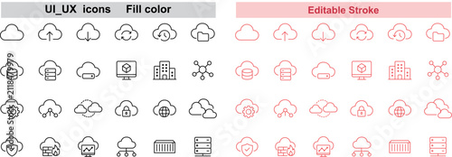 Modern Cloud Computing Icons Collection – Editable Stroke & Flat Color Cloud Infrastructure Vector Pack