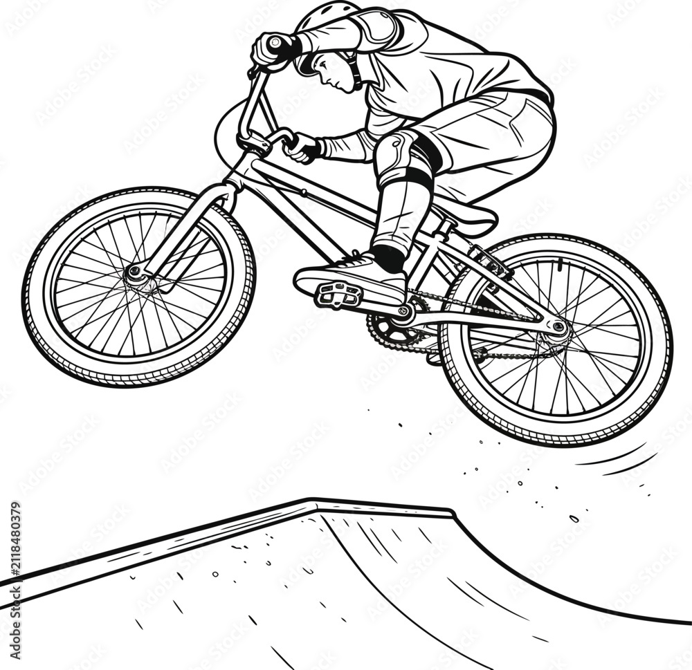 Fototapeta premium BMX rider jumping off a ramp during an extreme sports stunt, vector outline illustration