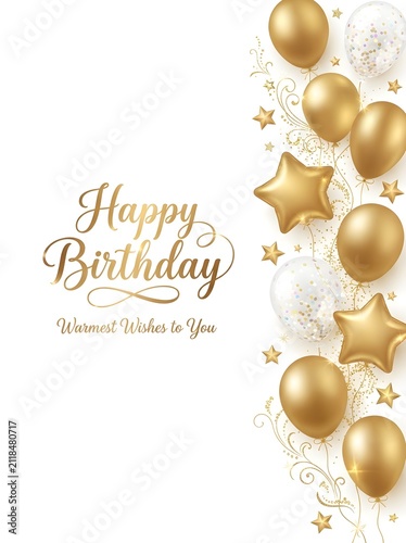 Happy Birthday card with gold balloons. Festive greeting background with shiny star decor.