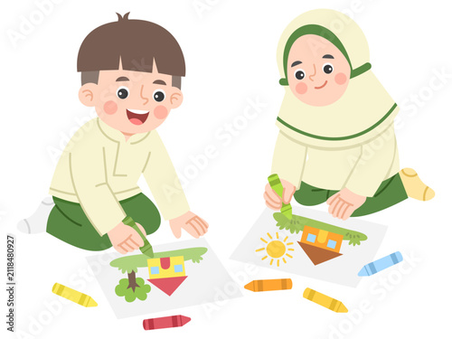 Children Drawing Houses with Crayons