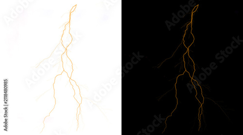 Golden lightning bolt strike on black and white background, electric thunderbolt flash overlay, glowing yellow energy spark for composite design