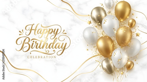 Happy Birthday greeting card with gold balloons. Festive party background with luxury decor.