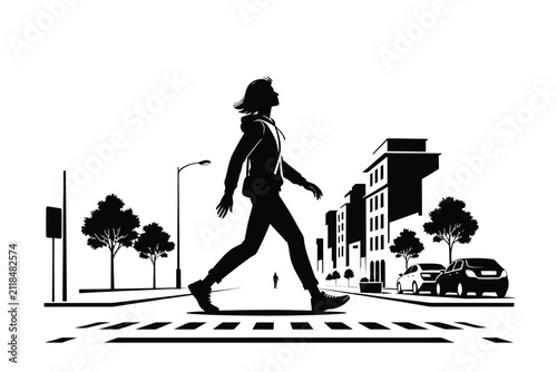 Silhouette Of Woman Walking Across Street Vector Illustration With White Background