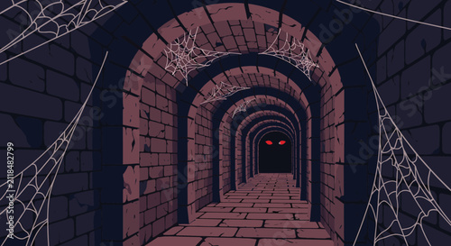 Spooky dark stone dungeon corridor covered with spider webs and glowing red eyes in the dark distance cartoon.